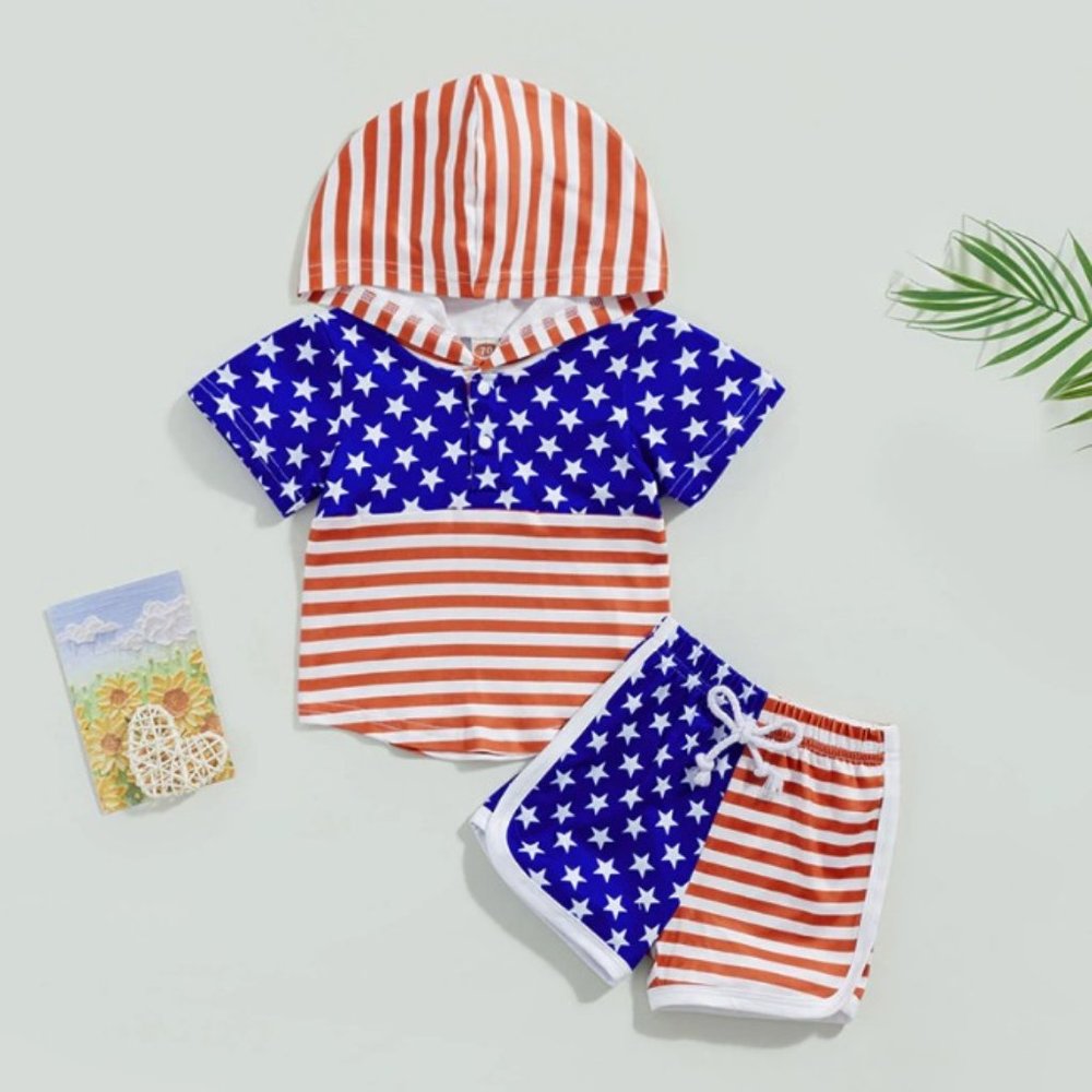 4th of July American Flag Patriotic Boys Hooded Shirt Shorts Outfit Set